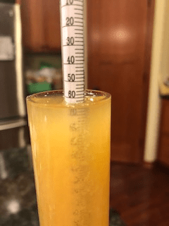 Closeup of hydrometer floating in wort