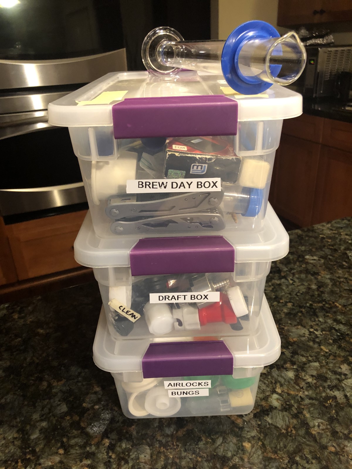 Stacked, translucent plastic totes