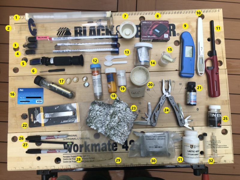 Various brewing tools and supplies laid out neatly on a workbench